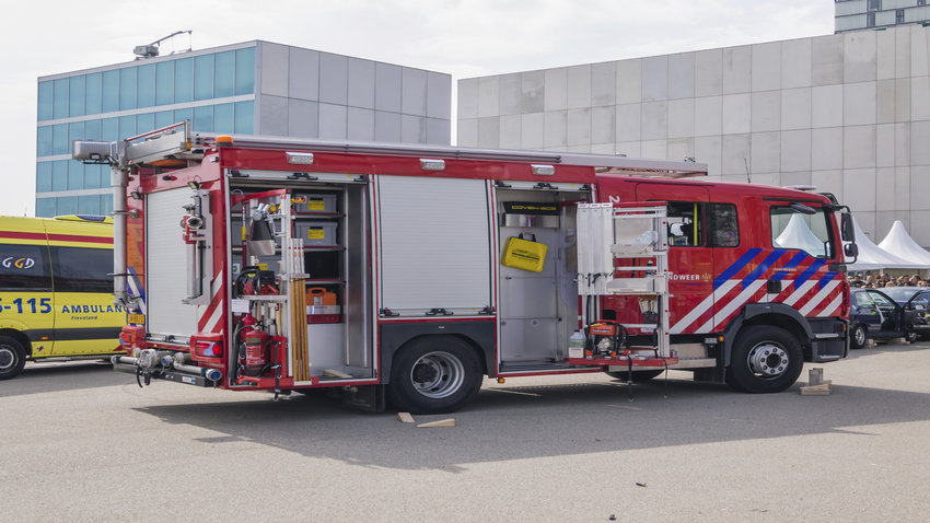 ALMERE, NETHERLANDS - 12 APRIL 2014: Fire engine at scene of an eneacted emergency during the first National Security Day held in the city of Almere